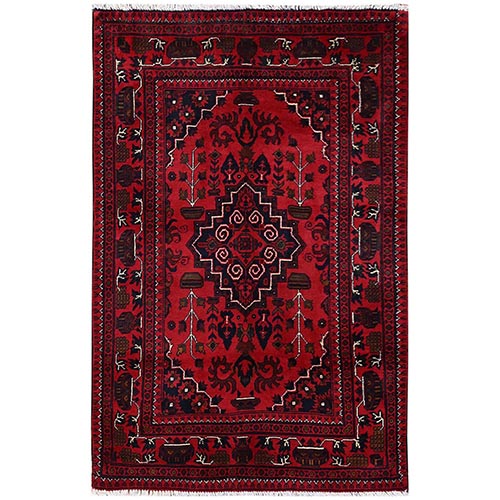 Crimson Red, Afghan Andkhoy with Geometric Medallion, Soft and Velvety Wool, Hand Knotted, Oriental 