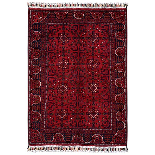 Crimson Red, Afghan Andkhoy with Tribal Design, Hand Knotted, Soft and Velvety Wool, Oriental 
