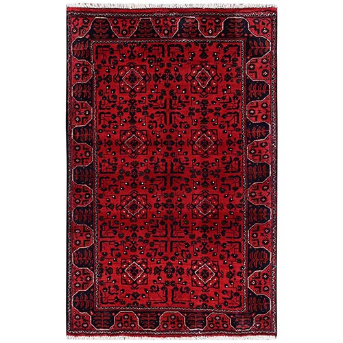 Crimson Red, Afghan Andkhoy with Tribal Motif, Hand Knotted, Soft and Velvety Wool, Oriental 