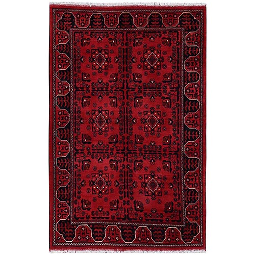 Crimson Red, Afghan Andkhoy with Geometric Motif, Soft and Velvety Wool, Hand Knotted, Oriental 