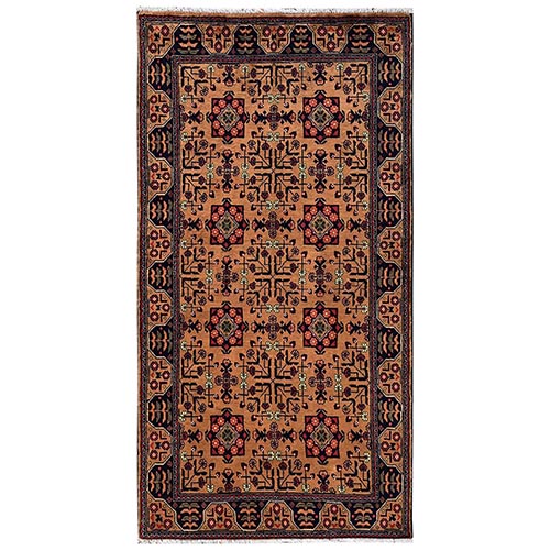 Amber Brown, Afghan Andkhoy with All Over Geometric Motif, Hand Knotted, Soft and Velvety Wool, Wide Runner, Oriental 