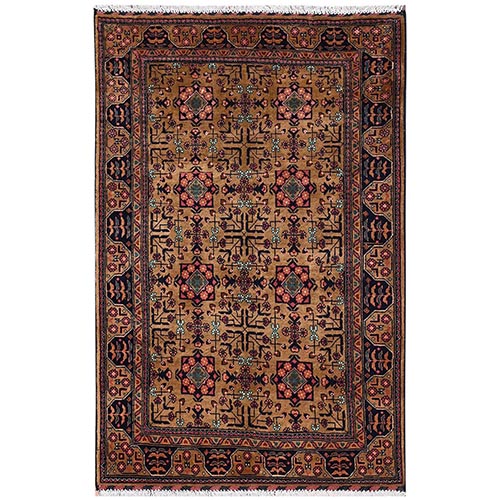 Amber Brown, Hand Knotted, Afghan Andkhoy with All Over Geometric Motif, Soft and Velvety Wool, Oriental 