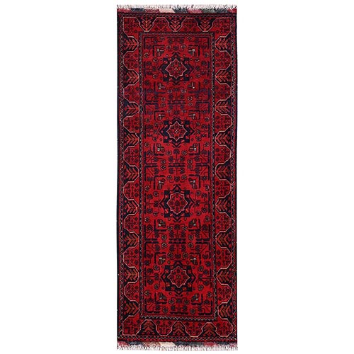 Crimson Red, Afghan Andkhoy with Geometric Motif, Hand Knotted, Soft and Velvety Wool, Short & Narrow Runner, Oriental 