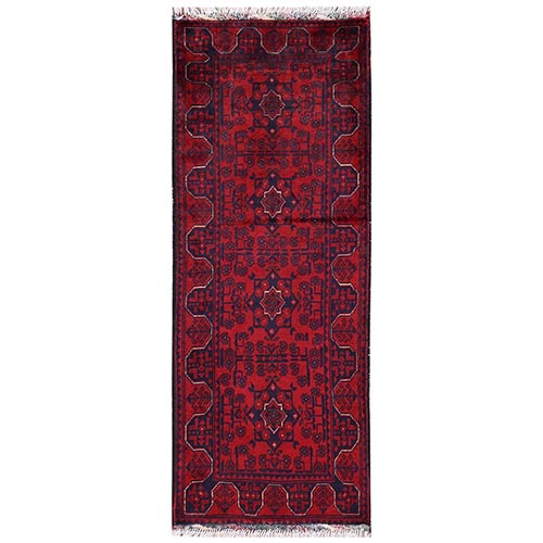 Crimson Red, Hand Knotted, Afghan Andkhoy with Geometric Motif, Soft and Velvety Wool, Short & Narrow Runner, Oriental 