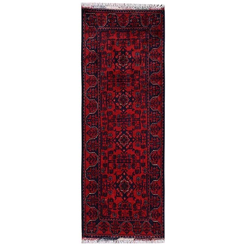 Crimson Red, Afghan Andkhoy with Geometric Motif, Hand Knotted, Soft and Velvety Wool, Short & Narrow Runner, Oriental 