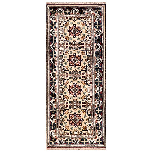 Lace White, Afghan Andkhoy with All Over Geometric Motif, Hand Knotted, Soft and Velvety Wool, Short & Narrow Runner, Oriental 
