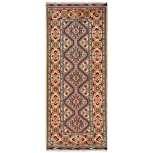 Beige, Afghan Andkhoy with Geometric Pattern, Hand Knotted, Soft Wool, Short & Narrow Runner, Oriental 
