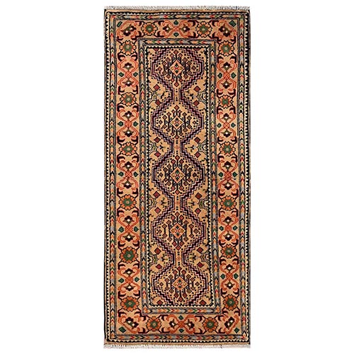 Beige, Afghan Andkhoy with Geometric Pattern, Soft Wool, Hand Knotted, Short & Narrow Runner, Oriental 