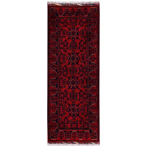 Crimson Red, Hand Knotted, Afghan Andkhoy with Geometric Motif, Soft and Velvety Wool, Short & Narrow Runner, Oriental 