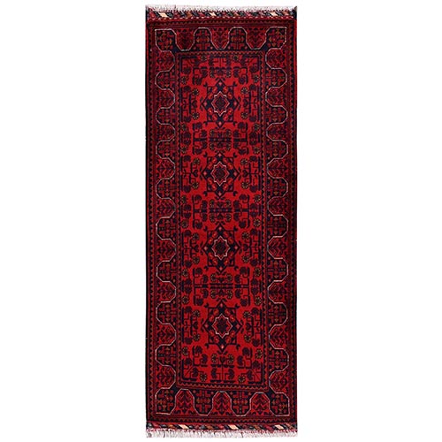Crimson Red, Afghan Andkhoy with Geometric Motif, Hand Knotted, Soft and Velvety Wool, Short & Narrow Runner, Oriental 