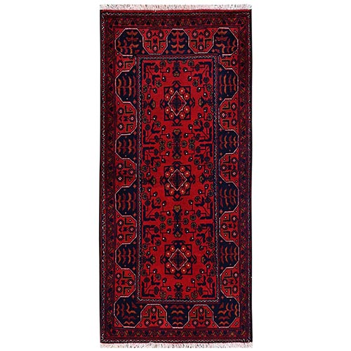 Crimson Red, Afghan Andkhoy with Geometric Motif, Soft and Velvety Wool, Hand Knotted, Short & Narrow Runner, Oriental 