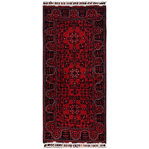Crimson Red, Afghan Andkhoy with Colorful Tassels, Tribal Motif, Hand Knotted, Soft and Velvety Wool, Short & Narrow Runner, Oriental 