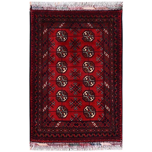 Crimson Red, Princess Bokara with Tribal Medallions, Hand Knotted, Soft and Shiny Wool, Mat, Sample, Oriental 
