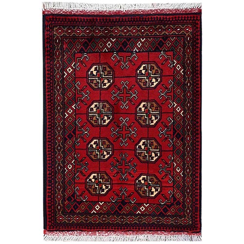 Crimson Red, Princess Bokara with Geometric Medallions, Hand Knotted, Soft and Shiny Wool, Mat, Sample, Oriental 