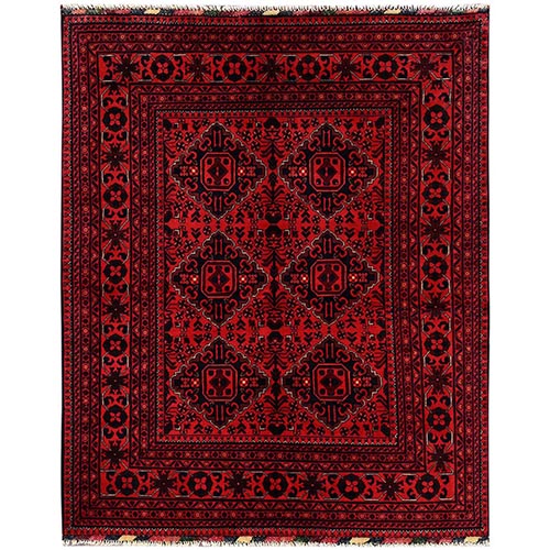 Crimson Red, Afghan Andkhoy with Geometric Pattern, Soft and Velvety Wool, Hand Knotted, Oriental 
