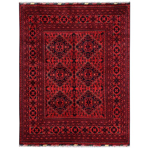 Crimson Red, Afghan Andkhoy with Geometric Design, Soft and Velvety Wool, Hand Knotted, Oriental 
