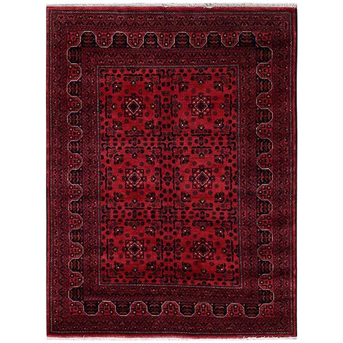 Crimson Red, Hand Knotted, Afghan Andkhoy with Geometric Motif, Soft and Velvety Wool, Oriental 
