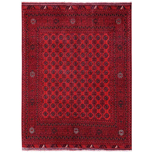 Scarlet Red, Hand Knotted, Afghan Khamyab with Khoja Roshni Bokara Small Repetitive Design, Soft and Velvety Wool, Oriental 