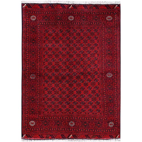 Scarlet Red, Afghan Khamyab with Khoja Roshni Bokara Small Repetitive Design, Hand Knotted, Soft and Velvety Wool, Oriental 