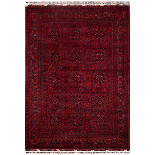 Crimson Red, Afghan Andkhoy with Geometric Motif, Hand Knotted, Soft and Velvety Wool, Oriental 