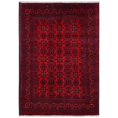 Crimson Red, Afghan Andkhoy with Tribal Motif, Hand Knotted, Soft and Velvety Wool, Oriental 