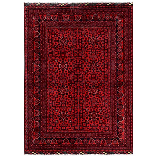 Crimson Red, Afghan Andkhoy with Geometric Motif, Soft and Velvety Wool, Hand Knotted, Oriental 