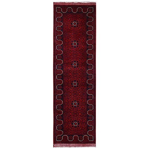 Crimson Red, Afghan Andkhoy with Geometric Motif, Soft and Velvety Wool, Hand Knotted, Runner, Oriental 