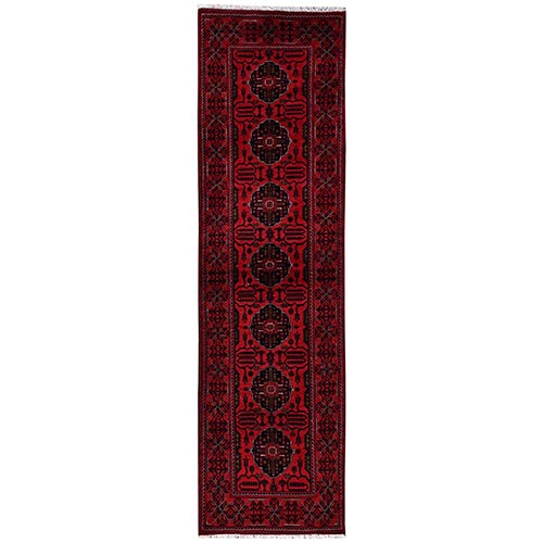 Crimson Red, Afghan Andkhoy with Tribal Medallions, Soft and Velvety Wool, Hand Knotted, Runner, Oriental 