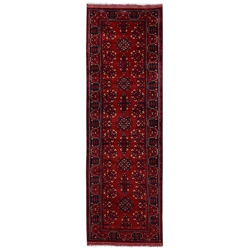 Crimson Red, Afghan Andkhoy with Tribal Design, Soft and Velvety Wool, Hand Knotted, Runner, Oriental 