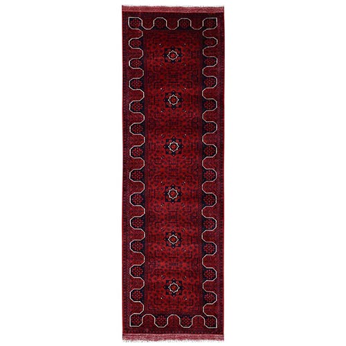 Crimson Red, Afghan Andkhoy with Geometric Motif, Soft and Velvety Wool, Hand Knotted, Runner, Oriental 