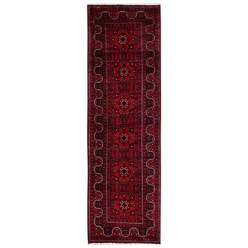 Crimson Red, Afghan Andkhoy with Geometric Motif, Hand Knotted, Soft and Velvety Wool, Runner, Oriental 