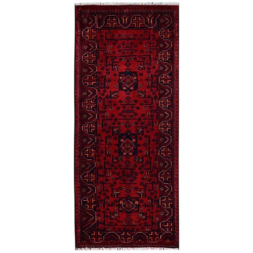 Crimson Red, Afghan Andkhoy with Geometric Motif, Soft and Velvety Wool, Hand Knotted, Runner, Oriental 