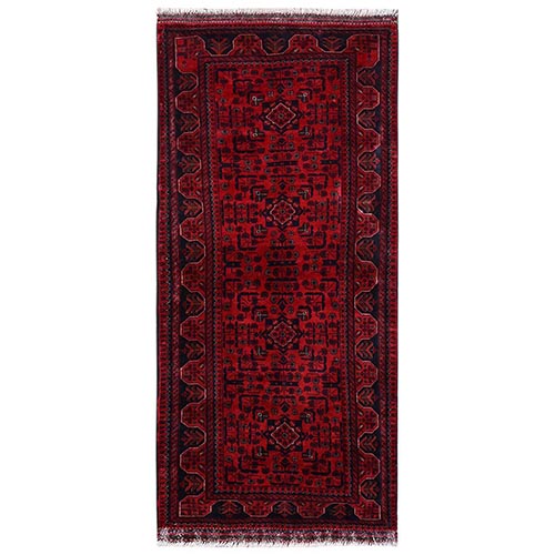 Crimson Red, Afghan Andkhoy with Tribal Motif, Soft and Velvety Wool, Hand Knotted, Runner, Oriental 