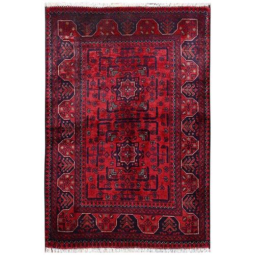 Crimson Red, Afghan Andkhoy with Geometric Motif, Hand Knotted, Soft and Velvety Wool, Sample, Mat, Oriental 