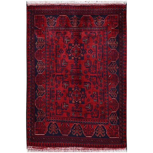 Crimson Red, Hand Knotted, Afghan Andkhoy with Geometric Motif, Soft and Velvety Wool, Mat, Sample, Oriental 