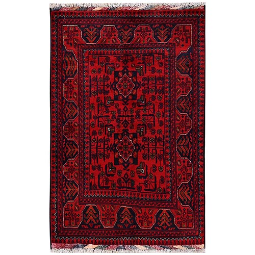 Crimson Red, Afghan Andkhoy with Geometric Motif, Soft and Velvety Wool, Hand Knotted, Sample, Mat, Oriental 