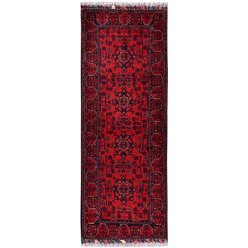 Crimson Red, Afghan Andkhoy with Geometric Motif, Soft and Velvety Wool, Hand Knotted, Short & Narrow Runner, Oriental 