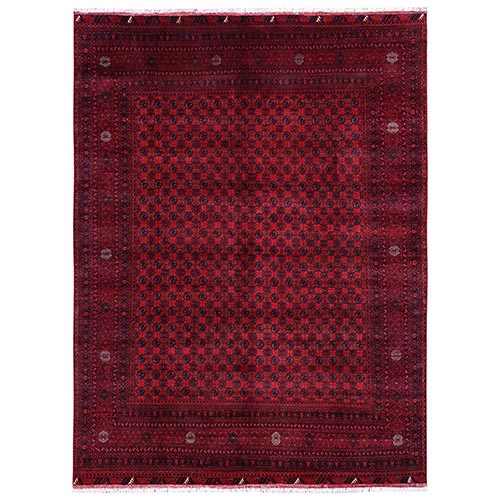 Scarlet Red, Afghan Khamyab Turkaman with Khoja Roshni Design, Hand Knotted, Soft and Velvety Wool, Oriental 