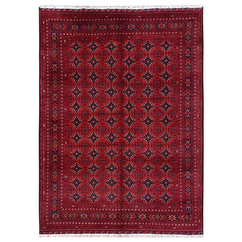 Crimson Red, Hand Knotted, Afghan Andkhoy with All Over Geometric Motif, Soft and Velvety Wool, Oriental 