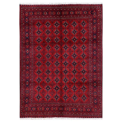 Crimson Red, Afghan Andkhoy with All Over Geometric Motif, Hand Knotted, Soft and Velvety Wool, Oriental 
