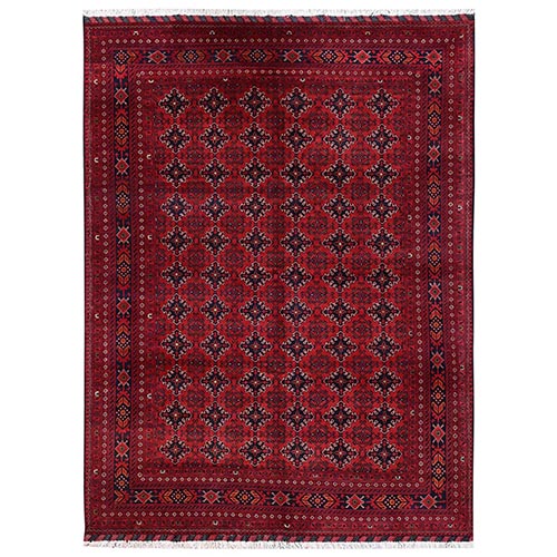 Crimson Red, Hand Knotted, Afghan Andkhoy with All Over Geometric Motif, Soft and Velvety Wool, Oriental 