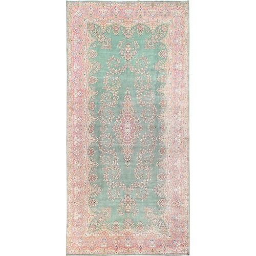 Viridian Green, Vintage Persian Kerman, Good Condition, Clean and Soft, Even Wear, Long and Narrow, 100% Wool, Hand Knotted, XL, Oversized, Oriental 