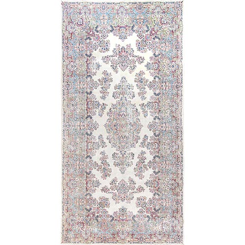 Pearl White, Vintage Persian Kerman, Good Condition, Clean and Soft, Even Wear, Long and Narrow, 100% Wool, Hand Knotted, XL, Oversized, Oriental 