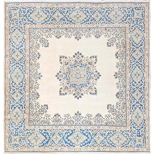 Alabaster White, Vintage Persian Kerman, Good Condition, Clean and Soft, Full Pile, Square, 100% Wool, Hand Knotted, Oriental 