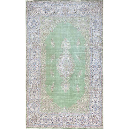 Basil Green, Vintage Persian Kerman, Clean and Soft, Worned Out and Distressed, 100% Wool, Hand Knotted, Sides and Ends Secured, No Holes, XL, Oversized, Oriental 
