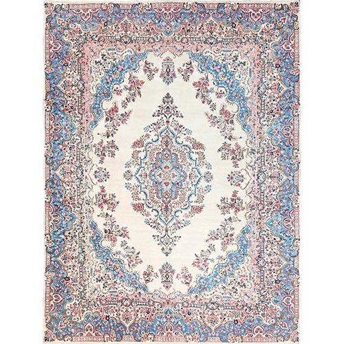 Cream White, Vintage Persian Kerman, Clean and Soft, Even Pile, 100% Wool, Hand Knotted, Sides and Ends Secured, Oriental 