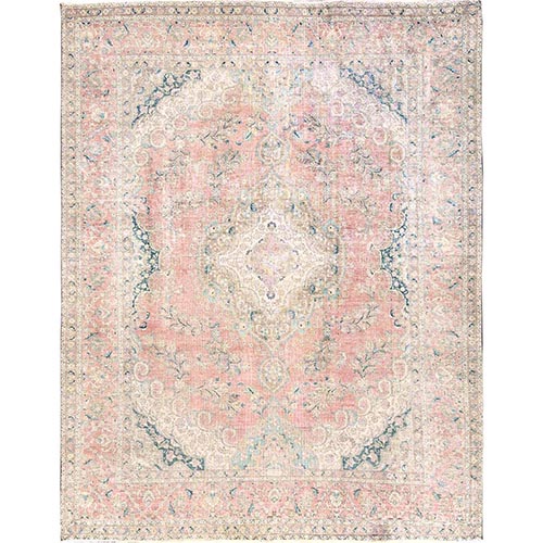 Rose Pink, Vintage Persian Tabriz, Clean and Soft, Worn Zero Pile, 100% Wool, Hand Knotted, Sides and Ends Secured, Oriental 