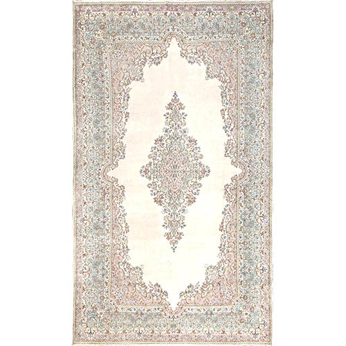 Pearl White, Vintage Persian Kerman, Clean and Soft, Full Pile, 100% Wool, Hand Knotted, Sides and Ends Secured, Oriental 