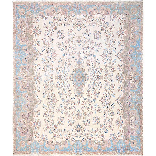 Alabaster White, Vintage Persian Kerman, Clean and Soft, Full Pile, 100% Wool, Hand Knotted, Sides and Ends Secured, XL, Oversized, Oriental 