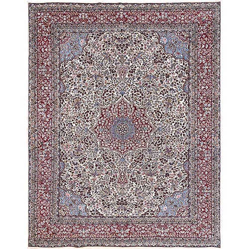 Cream White, Vintage Persian Kerman, Clean and Soft, Full Pile, 100% Wool, Hand Knotted, Sides and Ends Secured, Oriental 